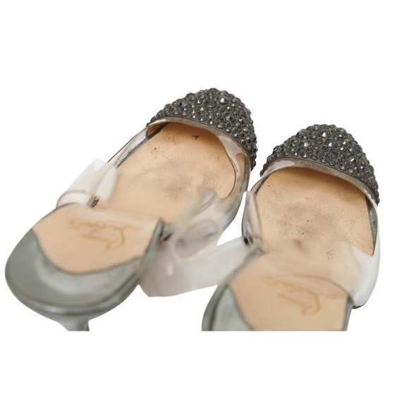 CHRISTIAN LOUBOUTIN Slingback Pumps PVC Crystals Pewter Leather Heels Cap Toe 38 - Picture 9 of 16